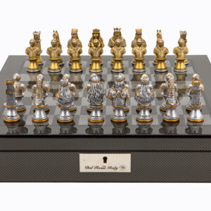 Dal Rossi Italy Carbon Fibre Shiny Finish chess box with compartments 16” with Medieval Warriors Resin Chessmen
