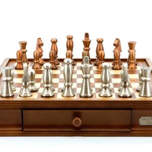 Dal Rossi Italy Chess Set Walnut Finish 16″ With Two Drawers, With Copper & Silver Weighted Metal Chess Pieces 85mm pieces