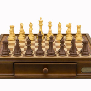 Dal Rossi Italy Chess Set Walnut Finish 16″ With Two Drawers, Queen Gambit Chessmen 90mm