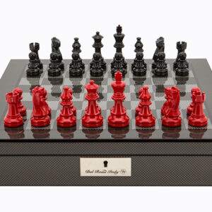 Dal Rossi Italy Carbon Fibre Shiny Finish chess box with compartments 16” With French Lardy Black/Red 85mm Chessmen