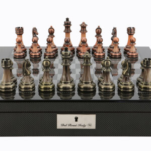 Dal Rossi Italy Carbon Fibre Finish chess box with compartments 16” With Antique Chessmen