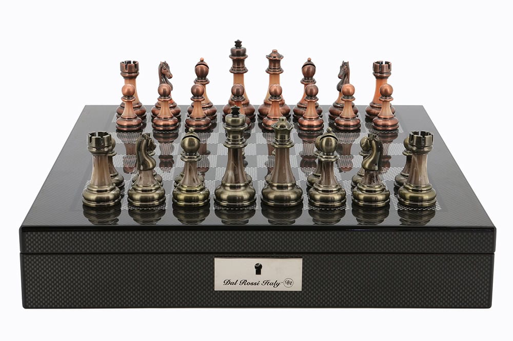 Dal Rossi Italy Carbon Fibre Finish chess box with compartments 16” With Antique Chessmen