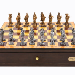 Dal Rossi Italy Walnut Finish chess box with compartments 18" with Medieval Pewter Chessmen
