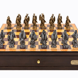 Dal Rossi Italy Walnut Finish chess box with compartments 18" with Dragon Pewter Chessmen