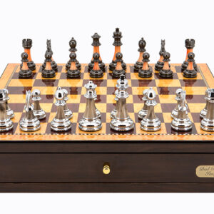 Dal Rossi Italy Walnut Finish chess box with compartments 18" with Staunton Metal/Marble Finish Chessmen