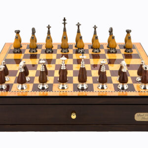 Dal Rossi Italy Walnut Finish chess box with compartments 18" with Staunton Metal/Wood Finish Chessmen