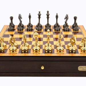 Dal Rossi Italy Walnut Finish chess box with compartments 18" with Staunton Brass Titanium Cap Chessmen