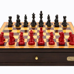 Dal Rossi Italy Walnut Finish chess box with compartments 18" with French Lardy Black/Red 85mm Chessmen