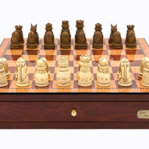 Dal Rossi Italy Red Mahogany Finish chess box with compartments 18" with Medieval Resin Chessmen