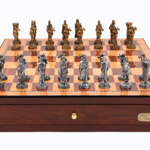 Dal Rossi Italy Red Mahogany Finish chess box with compartments 18" with Medieval Pewter GA Chessmen