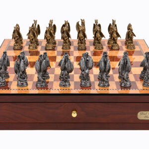 Dal Rossi Italy Red Mahogany Finish chess box with compartments 18" with Dragon Pewter Chessmen