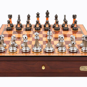 Dal Rossi Italy Red Mahogany Finish chess box with compartments 18" with Staunton Metal/Marble Finish Chessmen