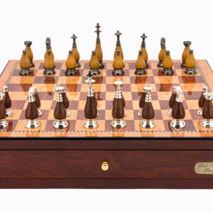 Dal Rossi Italy Red Mahogany Finish chess box with compartments 18" with Staunton Metal/Wood Chessmen