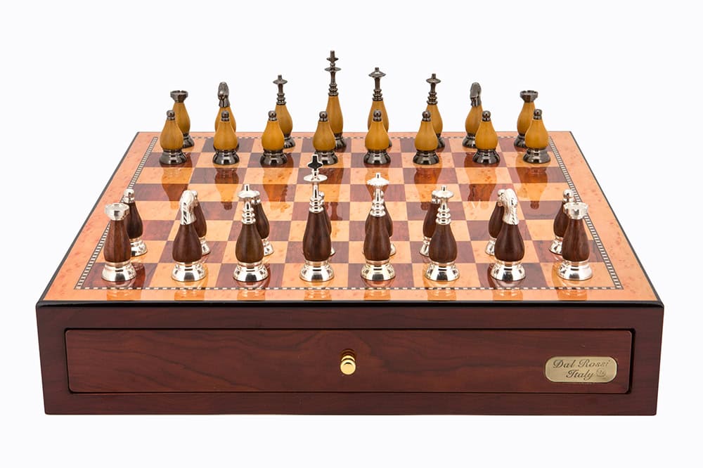 Dal Rossi Italy Red Mahogany Finish chess box with compartments 18" with Staunton Metal/Wood Chessmen
