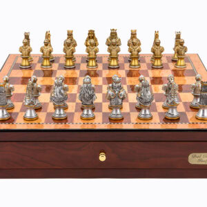 Dal Rossi Italy Red Mahogany Finish chess box with compartments 18" with Medieval Warriors Resin Chessmen