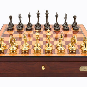 Dal Rossi Italy Red Mahogany Finish chess box with compartments 18" with Staunton Brass Titanium Cap Chessmen