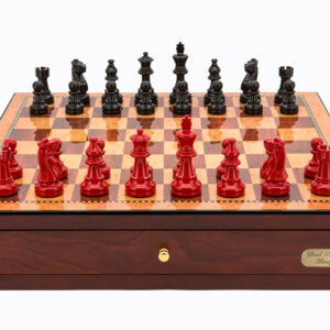 Dal Rossi Italy Red Mahogany Finish chess box with compartments 18" with French Lardy Black/Red 85mm Chessmen
