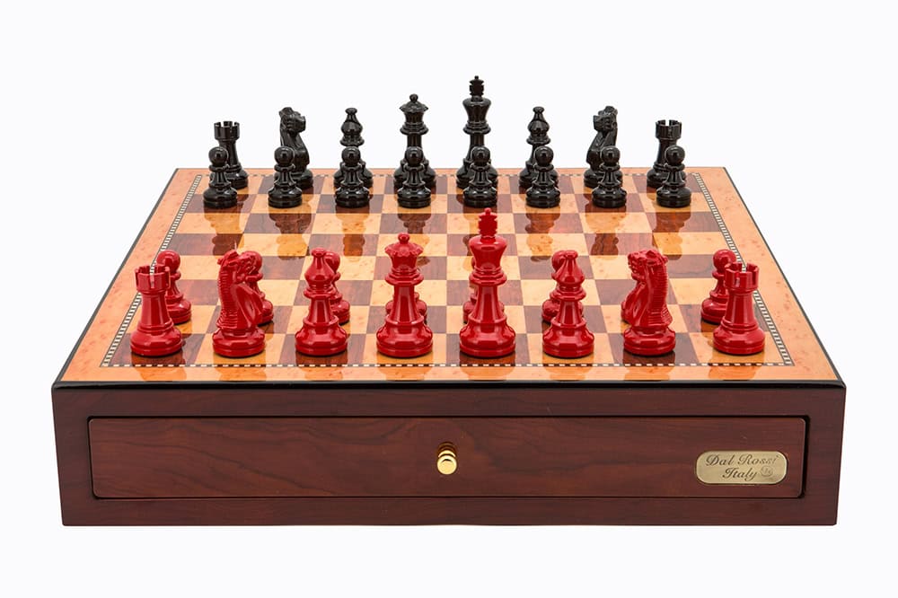 Dal Rossi Italy Red Mahogany Finish chess box with compartments 18" with French Lardy Black/Red 85mm Chessmen