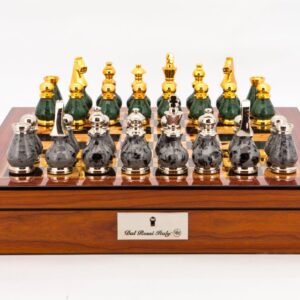 Dal Rossi Italy Chess Set Walnut Shinny Finish 16″ With Compartments, With Gray and Green Gold and Silver Metal Tops and Bottoms Chess Pieces 90mm
