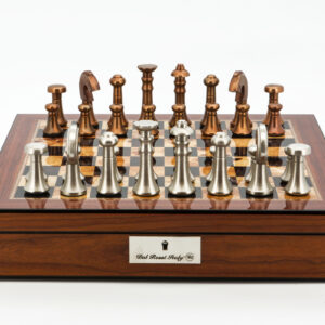 Dal Rossi Italy Chess Set Walnut Shinny Finish 16″ With Compartments, With Metal Copper and silver Chessmen 80mm