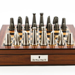 Dal Rossi Italy Chess Set Walnut Finish 16″ With Compartments, With Metal Dark Titanium and Silver chessmen 85mm