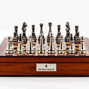 Dal Rossi Italy Chess Set Walnut Finish 16″ With Compartments, With Metal Dark Titanium and Silver chessmen 85mm