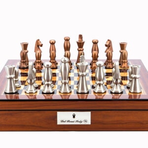 Dal Rossi Italy Chess Set Walnut Shinny Finish 16″ With Compartments, With Copper & Silver Weighted Metal Chess Pieces 85mm pieces