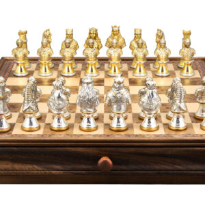 Dal Rossi Italy, Medieval Warriors Metal Chessmen 85mm  on a Walnut Box with Drawer 15"
