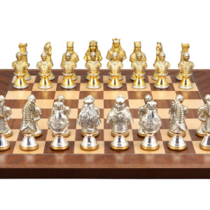 Dal Rossi Italy, Medieval Warriors Metal Chessmen 85mm on a Mahogany / Maple, 40cm Chess Board