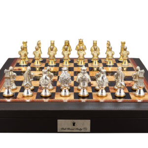 Dal Rossi Italy, Medieval Warriors Metal Chessmen 85mm on a Brown PU Leather Bevelled Edge chess box with compartments 18"