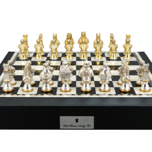 Dal Rossi Italy, Medieval Warriors Metal Chessmen 85mm on a Black PU Leather Bevelled Edge chess box with compartments 18"