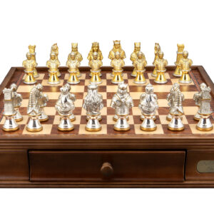 Dal Rossi Medieval Warriors Metal Chessmen 85mm on a Walnut Inlaid Chess Box with Drawers 16"