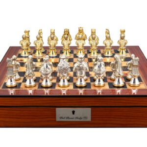 Dal Rossi Medieval Warriors Metal Chessmen 85mm on a Walnut Finish Shiny Chess Box with Compartments 16"