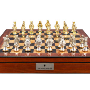 Dal Rossi Medieval Warriors Metal Chessmen 85mm on a Walnut Finish Shiny Chess Box with Compartments 20"