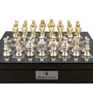Dal Rossi Medieval Warriors Metal Chessmen 85mm on a Carbon Fibre Finish Shiny Chess Box with Compartments 16"