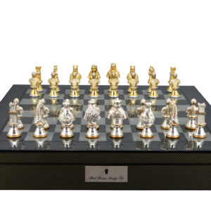 Dal Rossi Medieval Warriors Metal Chessmen 85mm on a Carbon Fibre Finish Shiny Chess Box with Compartments 20"