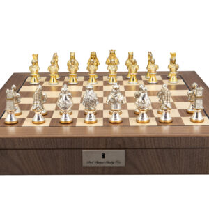 Dal Rossi Medieval Warriors Metal Chessmen 85mm on a Walnut Inlaid Chess Box with Compartments 20"