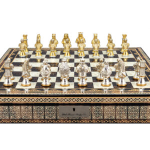 Dal Rossi Medieval Warriors Metal Chessmen 85mm on a Mosaic Finish Shiny Chess Box with Compartments 20"