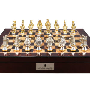 Dal Rossi Medieval Warriors Metal Chessmen 85mm on a Mahogany Finish Shiny Chess Box with Compartments 20"
