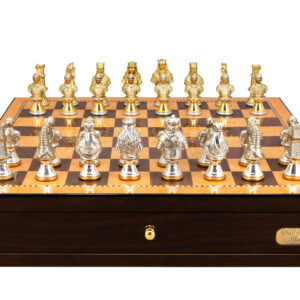 Dal Rossi Italy, Medieval Warriors Metal Chessmen 85mm on a Shiny Walnut Chess Box with two Drawers 18"