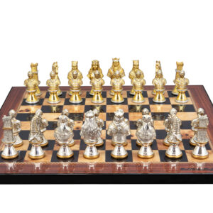 Dal Rossi Italy, Medieval Warriors Metal Chessmen 85mm on a Walnut Shinny Finish, 40cm Chess Board