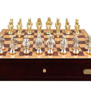Dal Rossi Italy, Medieval Warriors Metal Chessmen 85mm on a Shiny Mahogany Chess Box with two Drawers 18"
