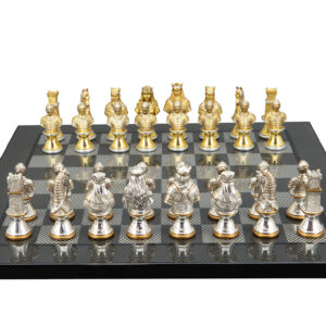 Dal Rossi Italy, Medieval Warriors Metal Chessmen 85mm on a Carbon Fibre Shinny Finish, 40cm Chess Board