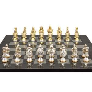 Dal Rossi Italy, Medieval Warriors Metal Chessmen 85mm on a Carbon Fibre Shinny Finish, 50cm Chess Board