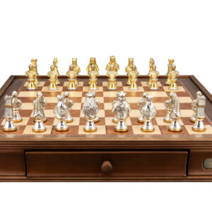Dal Rossi Medieval Warriors Metal Chessmen 85mm on a Walnut Inlaid Chess Box with Drawers 20"