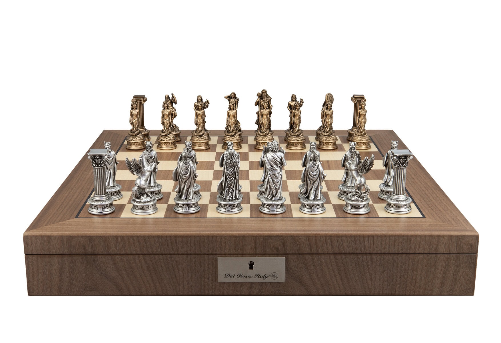 Dal Rossi Italy European Warriors on a Walnut Finish, Chess Box 20” with compartments