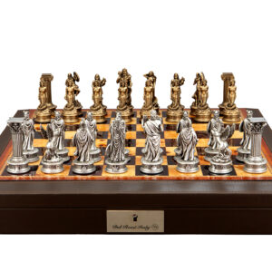 Dal Rossi Italy European Warriors Chessmen 85mm on a Brown PU Leather Bevelled Edge chess box with compartments 18"