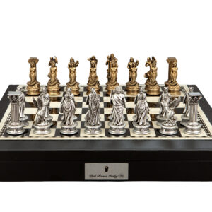 Dal Rossi Italy European Warriors Chessmen 85mm on a Black PU Leather Bevelled Edge chess box with compartments 18"