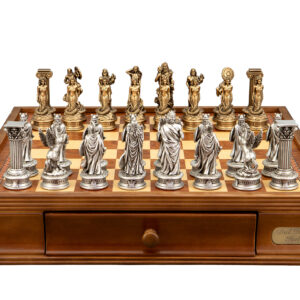 Dal Rossi Italy European Warriors Chessmen 85mm on a Walnut Chess Box with Drawers 16"