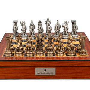 Dal Rossi Italy European Warriors Chessmen 85mm on a Walnut Finish Shiny Chess Box with Compartments 16"